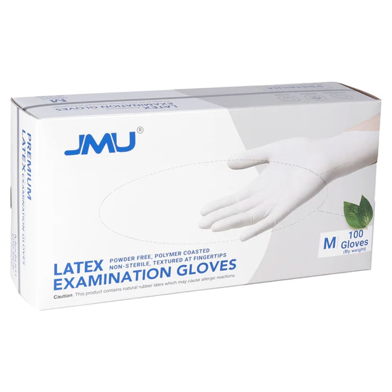 JMU Latex Powder-free Examination Gloves, Non-Sterile, Medium, White, Textured Fingertips