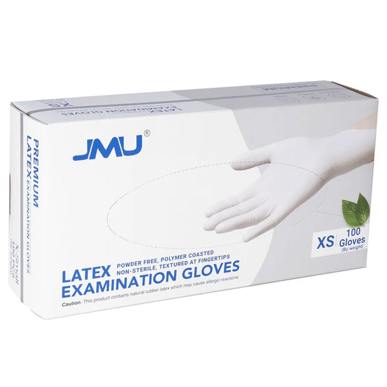 JMU Latex Powder-free Examination Gloves, Non-Sterile, X-Small, White, Textured Fingertips