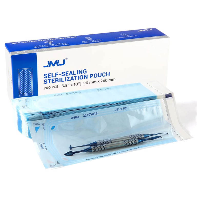 JMU Self-Sealing Sterilization Pouch, 3.50" x 10", Paper/Blue Film, Dual Indicators, 2000/Case