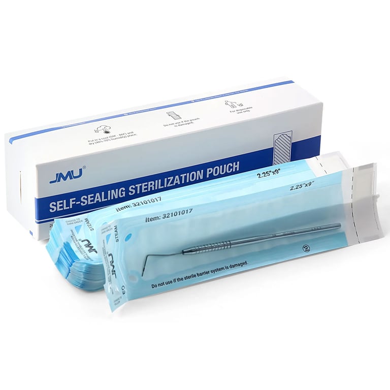 JMU Self-Sealing Sterilization Pouch, 2.25" x 9", Paper/Blue Film, Dual Indicators, 2000/Case