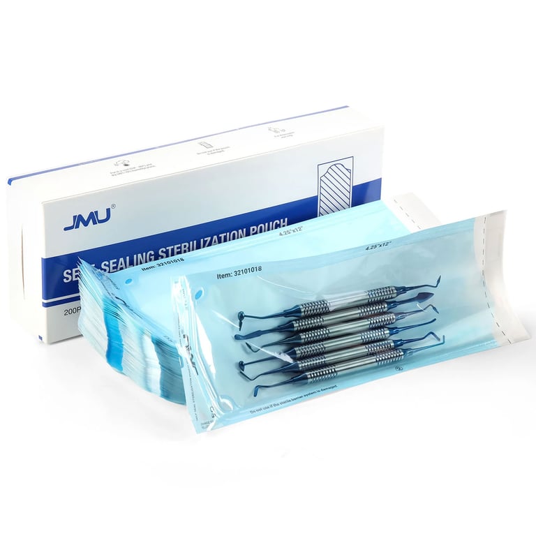 JMU Self-Sealing Sterilization Pouch, 4.25" x 12", Paper/Blue Film, Dual Indicators, 2000/Case