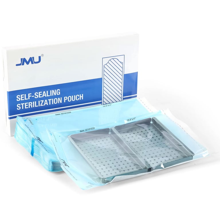 JMU Self-Sealing Sterilization Pouch, 10.5" x 17", Paper/Blue Film, Dual Indicators, 1000/Case