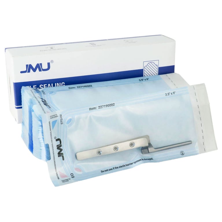 JMU Self-Sealing Sterilization Pouch, 3.50" x 9", Paper/Blue Film, Dual Indicators, 2000/Case