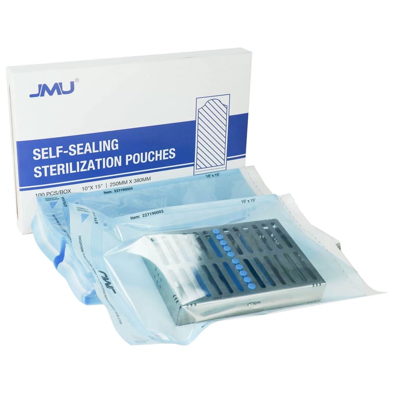 JMU Self-Sealing Sterilization Pouch, 10" x 15", Paper/Blue Film, Dual Indicators, 1000/Case