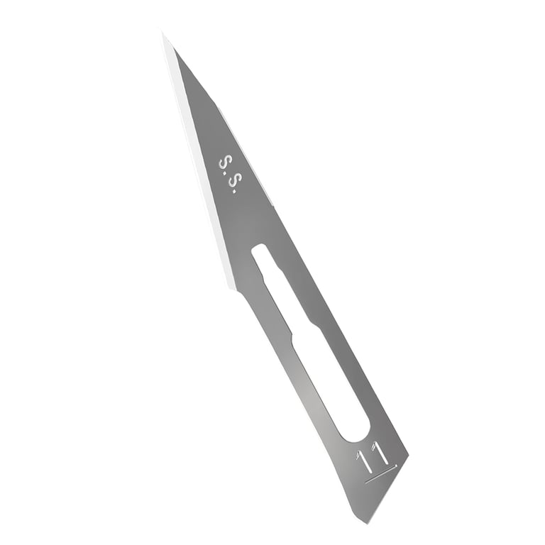 JMU #11 Stainless Steel Surgical Blade, Sterile, 100/Box. Packaged separately in sealed aluminum