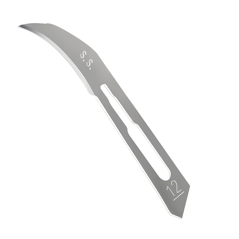 JMU #12 Stainless Steel Surgical Blade, Sterile, 100/Box. Packaged separately in sealed aluminum