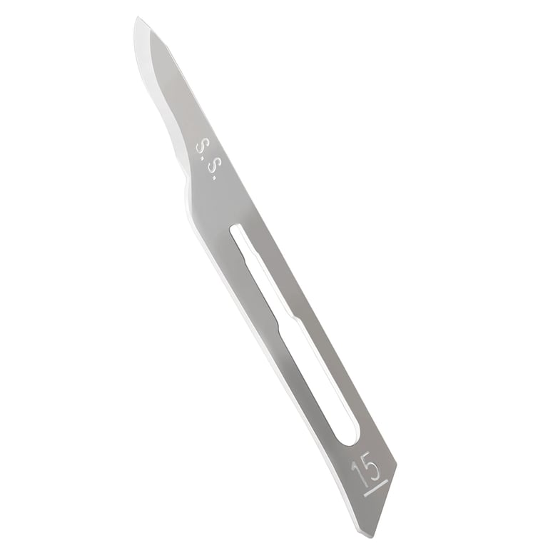 JMU #15 Stainless Steel Surgical Blade, Sterile, 100/Box. Packaged separately in sealed aluminum