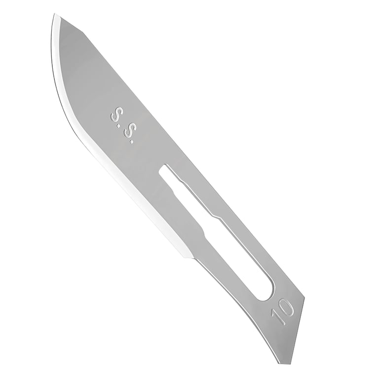 JMU #10 Stainless Steel Surgical Blade, Sterile, 100/Box. Packaged separately in sealed aluminum