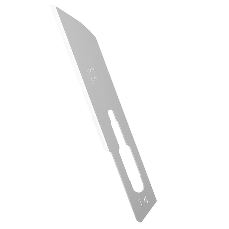JMU #14 Stainless Steel Surgical Blade, Sterile, 100/Box. Packaged separately in sealed aluminum