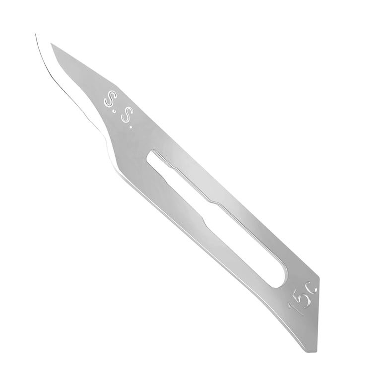 JMU #15C Stainless Steel Surgical Blade, Sterile, 100/Box. Packaged separately in sealed aluminum
