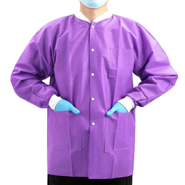JMU Plus SMS Jacket, Medium, Purple, 50/Case. Hip length jacket with 3 pockets. 40g SMS. 75 x 120cm