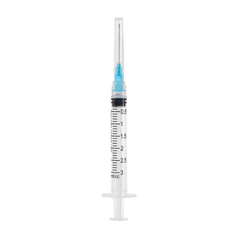 JMU 23 ga Irrigation Syringes with Tips, Blue, Notched Type, 3 cc Capacity, 100/Pk. Feature a Luer