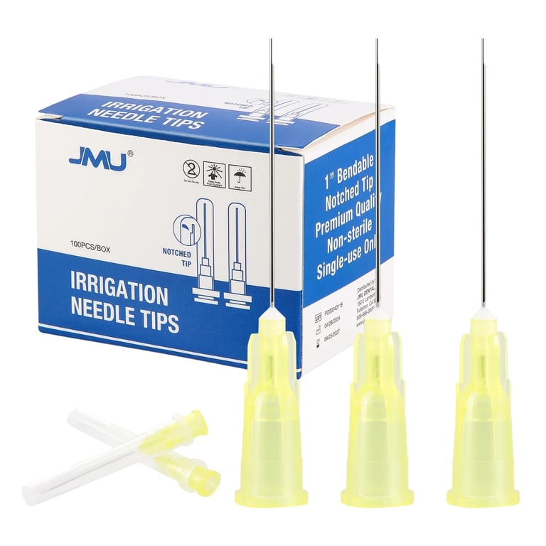 JMU 27 ga Bendable Irrigation Needle Tips, Yellow, Notched Type, 100/Pk. Feature a Luer lock