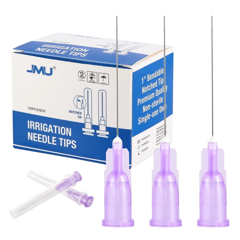 JMU 30 ga Bendable Irrigation Needle Tips, Purple, Notched Type, 100/Pk. Feature a Luer lock