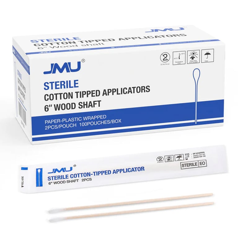 JMU 6" Cotton Swab Tipped Applicators, Disposable, Sterile, 2Pcs/Pouch, 100 Pouches/Box. Solid