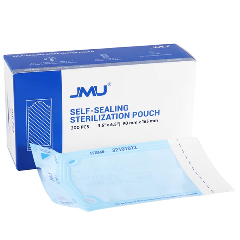 JMU 3 1/2" x 6 1/2" Self-Sealing, Paper/Blue Film, Sterilization Pouch, 200/Bx. Dual internal
