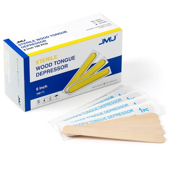 JMU Disposable Wooden Tongue Depressors Sterile 6", 100/Bx. The wooden sticks have soft edges
