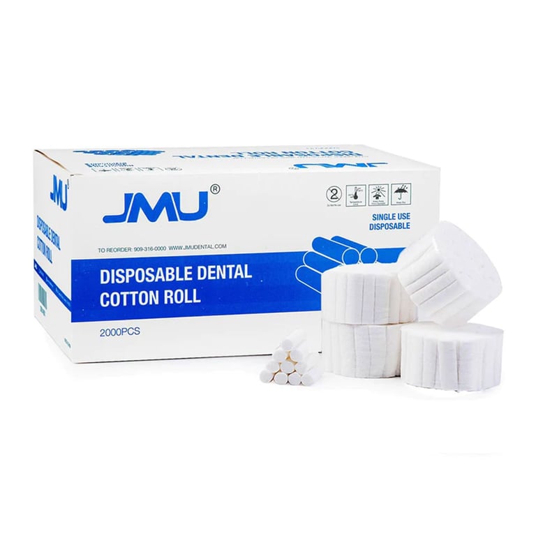 JMU Cotton Roll 2000/Box. They are made of 100% cotton, 1.5 inches long, and are 0.375 inch thick