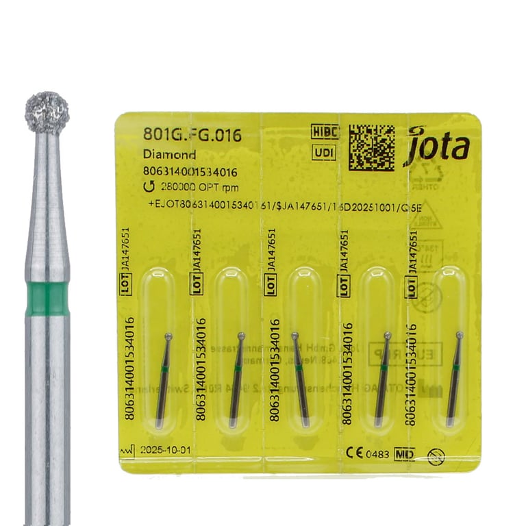 Jota Dentistry FG #801.016 Medium Grit Round Diamond Burs, 5/Pk. US number : 5, head size : 1.6mm