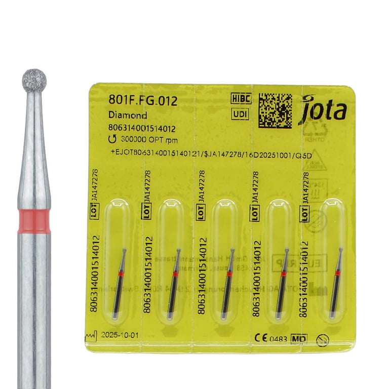 Jota Dentistry FG #801.012 Fine Grit Round Diamond Burs, 5/Pk. US number : 3, head size : 1.2mm