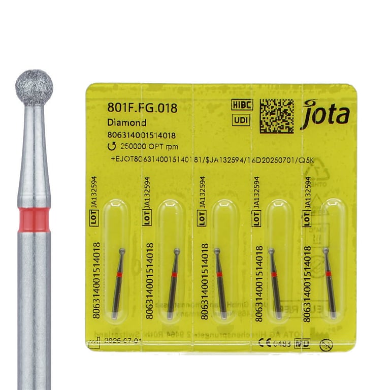 Jota Dentistry FG #801.018 Fine Grit Round Diamond Burs, 5/Pk. US number : 6, head size : 1.8mm