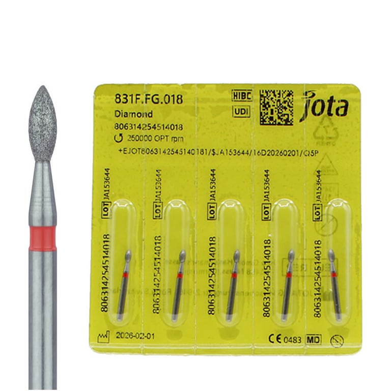 Jota Dentistry FG #831.016 Fine Grit Pointed Football Shaped Diamond Burs, 5/Pk. Head size