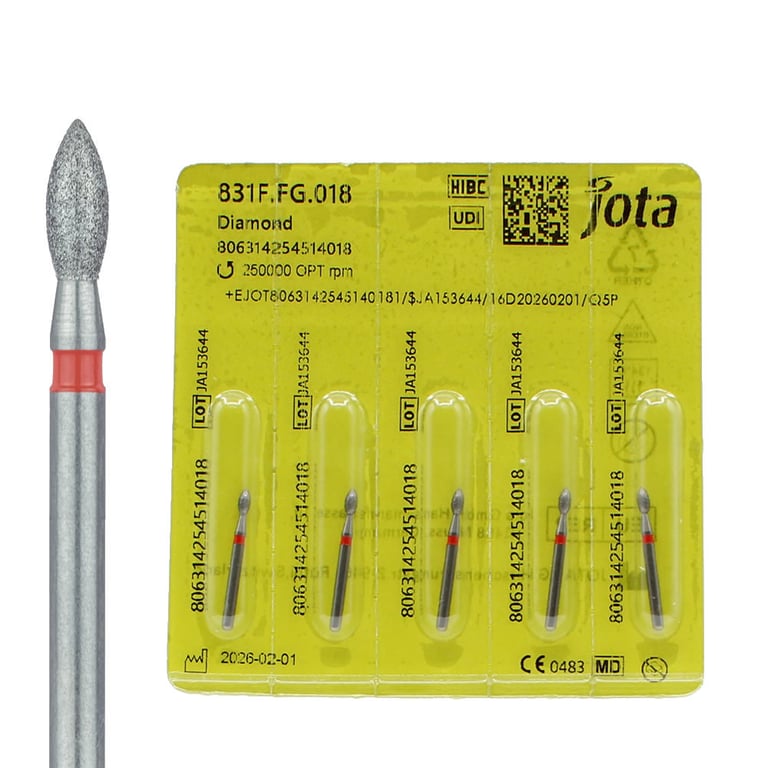 Jota Dentistry FG #831.018 Fine Grit Pointed Football Shaped Diamond Burs, 5/Pk. Head size