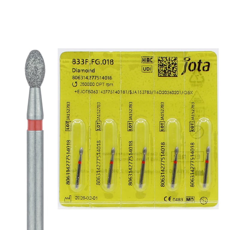 Jota Dentistry FG #833.018 Fine Grit Egg Shaped Diamond Burs, 5/Pk. Head size : 1.8mm, working