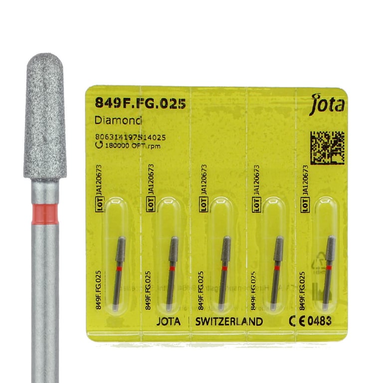 Jota Dentistry FG #849.025 Fine Grit Round End Taper Diamond Burs, 5/Pk. Head size : 2.5mm
