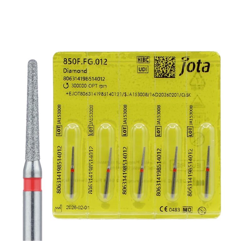 Jota Dentistry FG #850.012 Fine Grit Round End Taper Diamond Burs, 5/Pk. Head size : 1.2mm