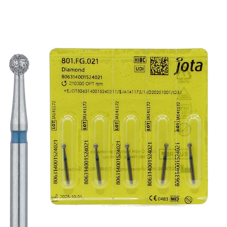 Jota Dentistry FG #801.021 Medium Grit Round Diamond Burs, 5/Pk. US number : 7, head size : 2.1mm