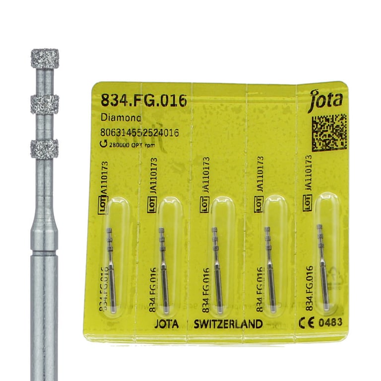Jota Dentistry FG #834.016 Medium Grit Depth Cutter Diamond Burs, 5/Pk. Head size : 1.6mm, working