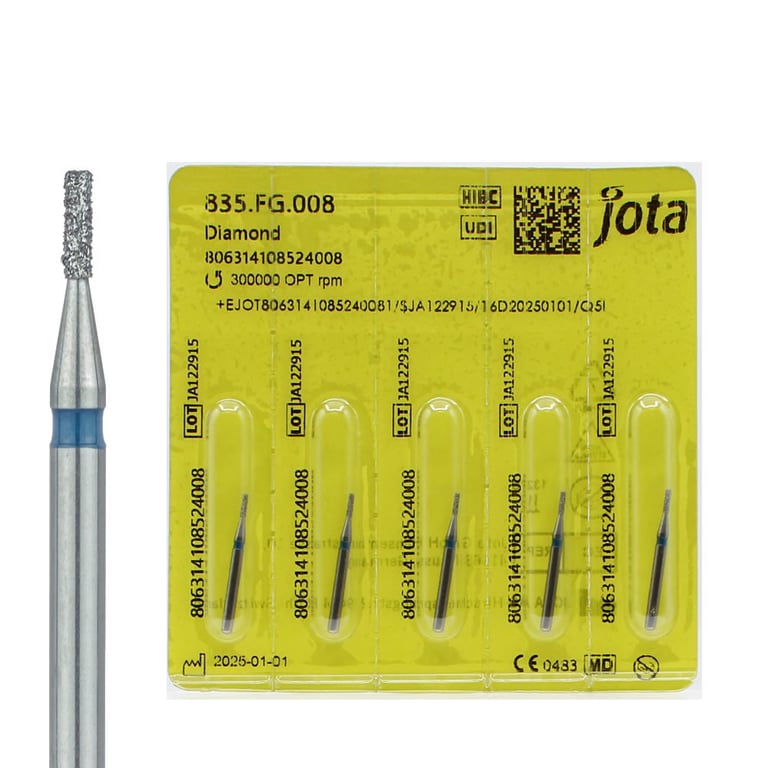 Jota Dentistry FG #835.008 Medium Grit Flat End Cylinder Diamond Burs, 5/Pk. Head size : 0.8mm
