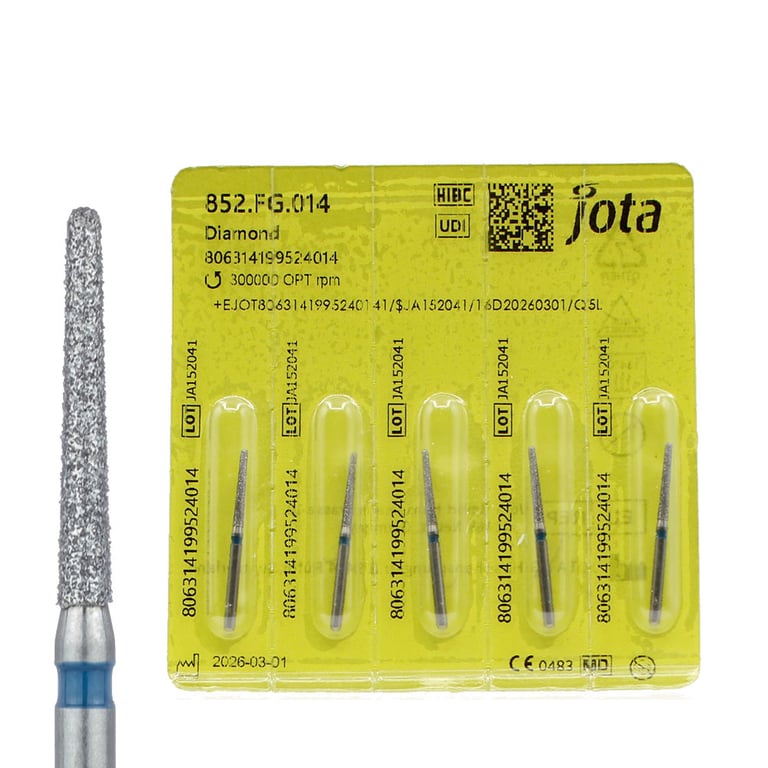 Jota Dentistry FG #852.014 Medium Grit Round End Taper Diamond Burs, 5/Pk. Head size : 1.2mm