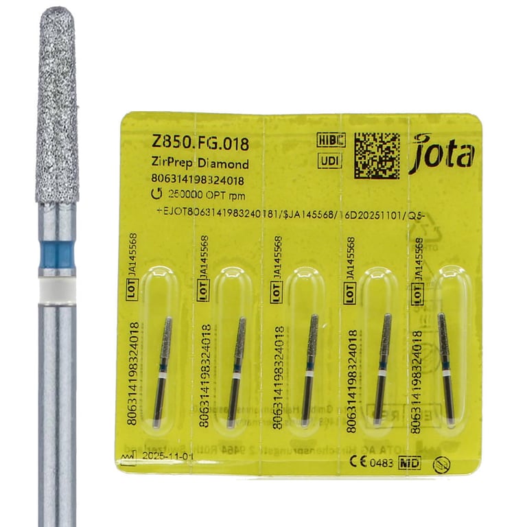 Jota Dentistry FG #Z850.018 Medium Grit Round End Taper Zirconia Diamond Burs, 5/Pk. Head size