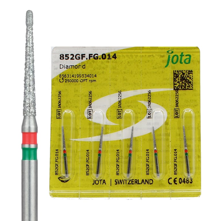 Jota Dentistry FG #852.014 Dual-Grit Round End Taper Diamond Burs, 5/Pk. Head size : 1.4mm