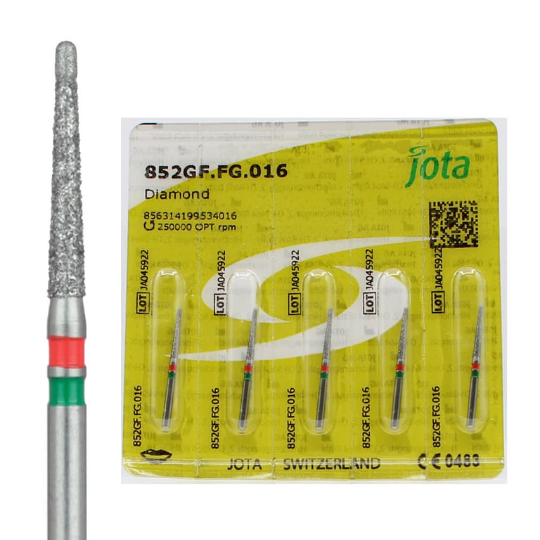 Jota Dentistry FG #852.016 Dual-Grit Round End Taper Diamond Burs, 5/Pk. Head size : 1.6mm