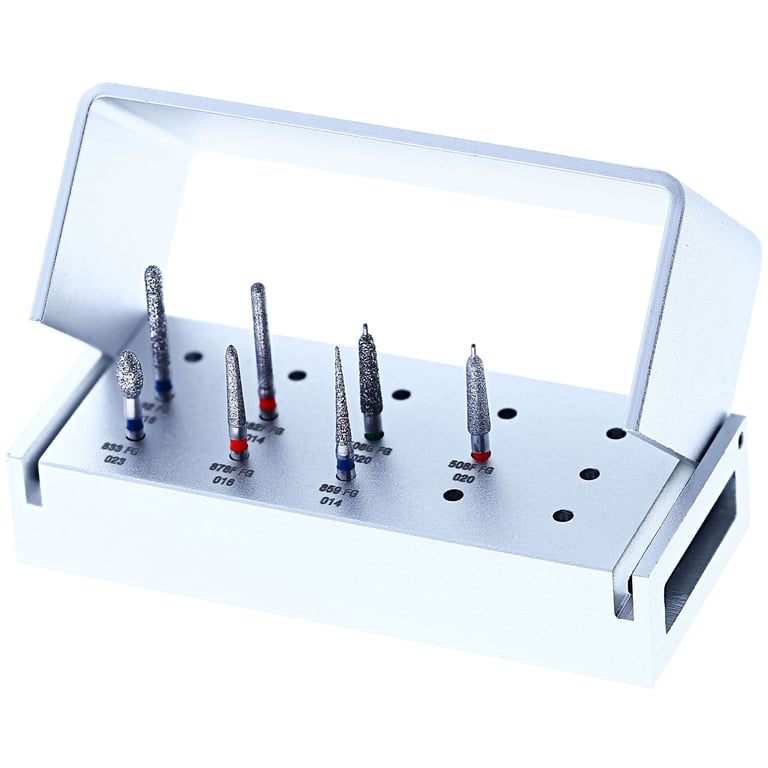 Jota Dentistry No. 1418 Crown Preparation Conventional 7-Piece Diamond Bur Set. Includes coarse