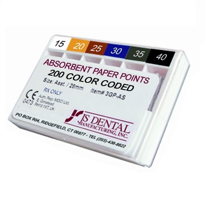 JS Dental Absorbent Paper Points - #30, Color Coded, Hand-Rolled 200/Spill-Proof Box