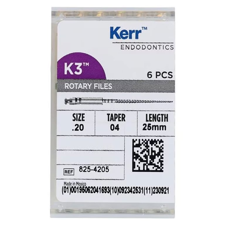 K3 Rotary Files #20, 25 mm, .04 Nickel-Titanium Rotary File. Package of 6 Files