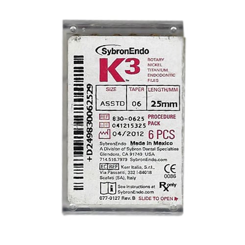 K3 Rotary Files K3 .06 Taper, 25 mm Procedure Pack. Pack Contains: 1 ea. .10 Taper 17 mm #25, .08