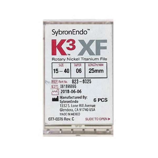 K3XF #15-#40 Assorted, 25mm .06 taper NiTi Rotary File, Package of 6 files