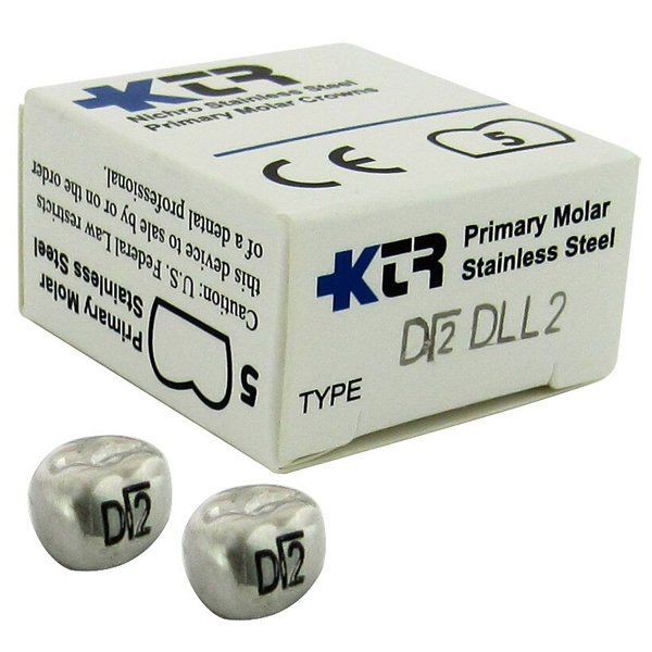 KTR Lower Left Primary First Molar Size 2 Nichro stainless steel crowns, box of 5. Manufactured