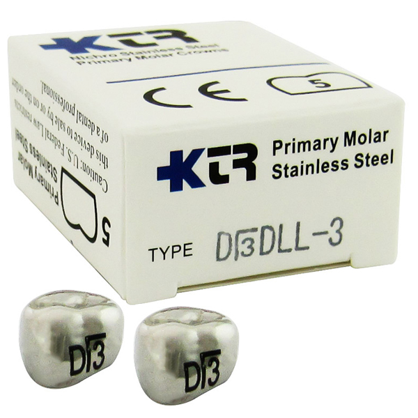 KTR Lower Left Primary First Molar Size 3 Nichro stainless steel crowns, box of 5. Manufactured