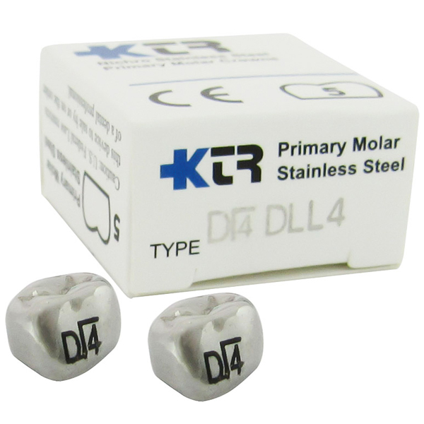 KTR Lower Left Primary First Molar Size 4 Nichro stainless steel crowns, box of 5. Manufactured