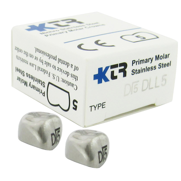 KTR Lower Left Primary First Molar Size 5 Nichro stainless steel crowns, box of 5. Manufactured