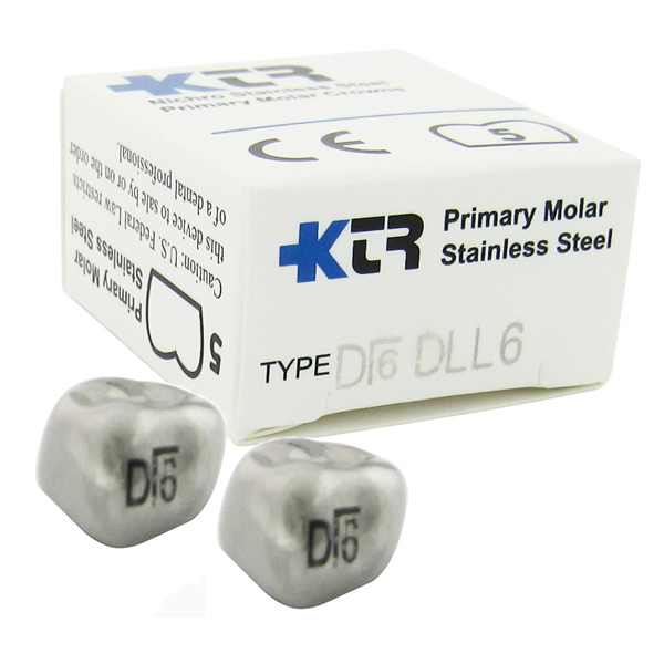 KTR Lower Left Primary First Molar Size 6 Nichro stainless steel crowns, box of 5. Manufactured