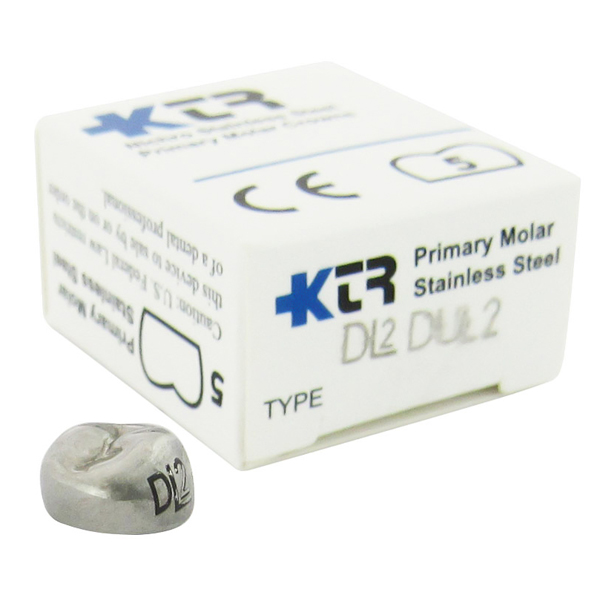 KTR Upper Left Primary First Molar Size 2 Nichro stainless steel crowns, box of 5. Manufactured