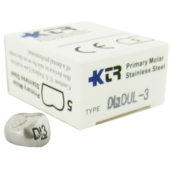 KTR Upper Left Primary First Molar Size 3 Nichro stainless steel crowns, box of 5. Manufactured