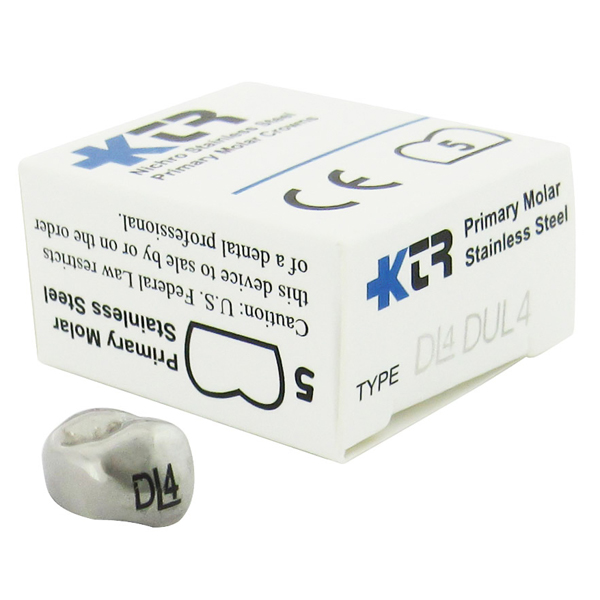 KTR Upper Left Primary First Molar Size 4 Nichro stainless steel crowns, box of 5. Manufactured